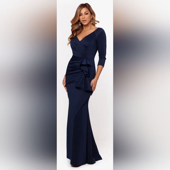 Xscape Lexi Long Sleeve Scuba Ruched Side Dress NWT size 10 Midnight Blue - Picture 1 of 5